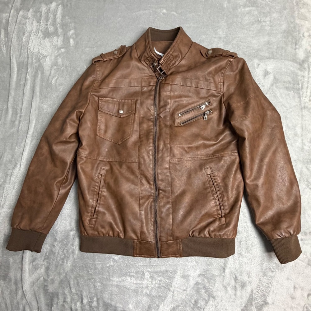 Jacket Mens XL Brown Faux Leather Bomber Moto Full Zip Multi Pocket